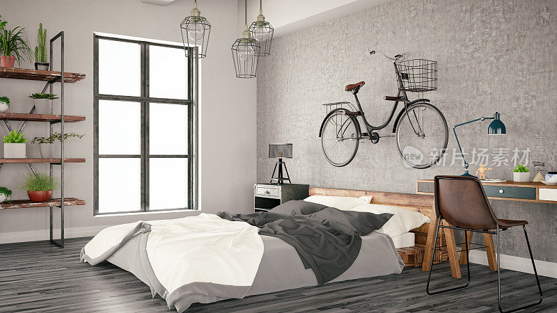 阁楼卧室，自行车和书桌