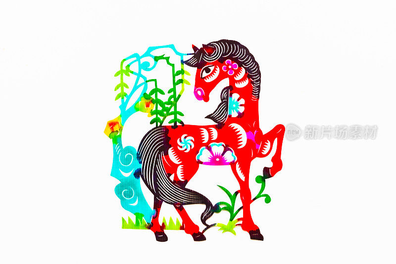 中国传统剪纸，十二生肖。中国新年，马年。中国动物马传统剪纸艺术图案。马剪纸，过年。