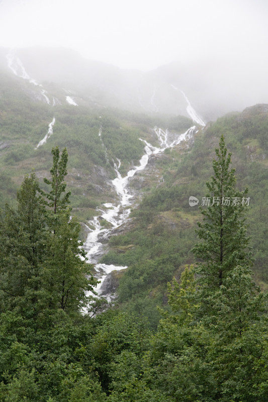 冰川的水如瀑布般从山腰泻下