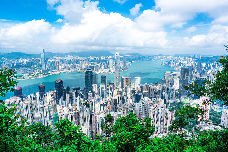 香港日出摩天大楼拥挤的城市景观和海港全景中国