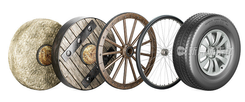 车轮从原始的石环、古代的木制到现代的带圆盘的汽车轮胎演变。运输车轮的历史。三维渲染