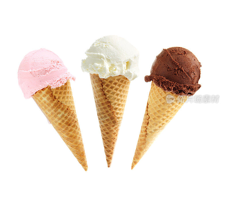 各种口味的甜筒冰淇淋