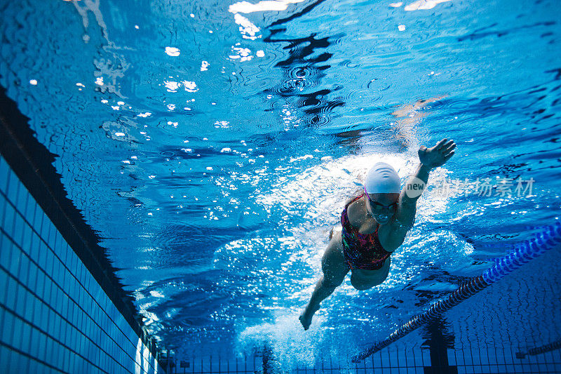 健康的女运动员在游泳池游泳