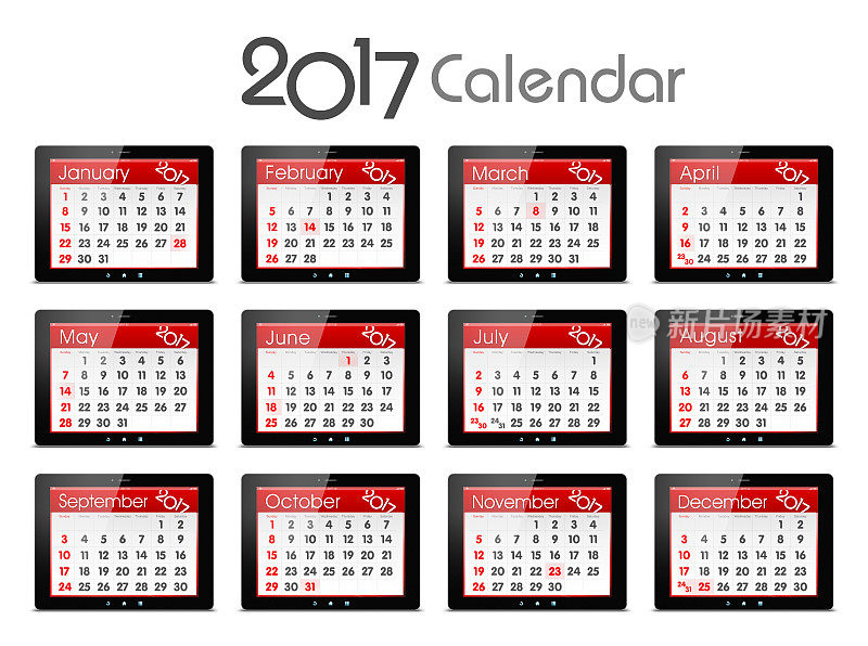 2017年日历与数字平板隔离在白色背景
