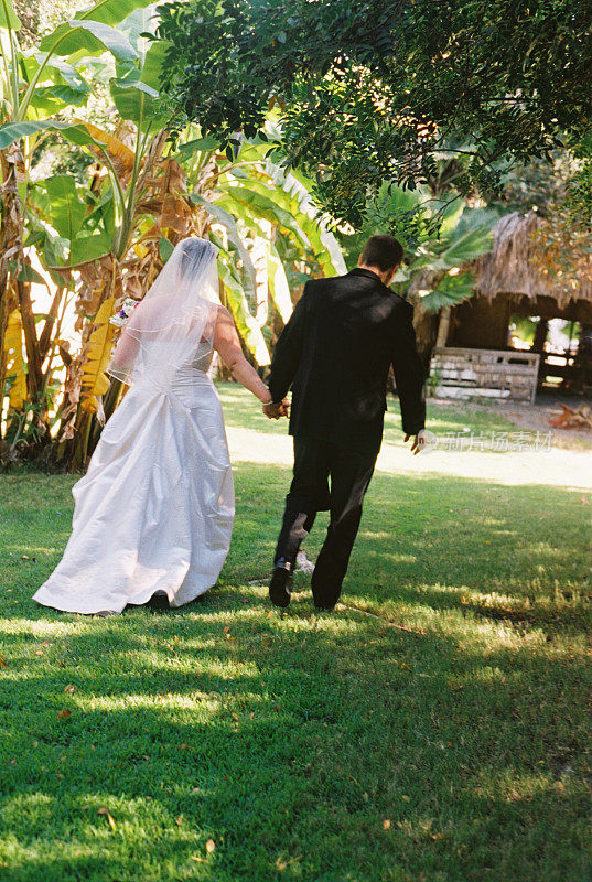 婚礼结束后，新郎新娘在热带花园散步