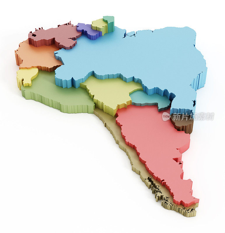 显示国家边界的南美地图。