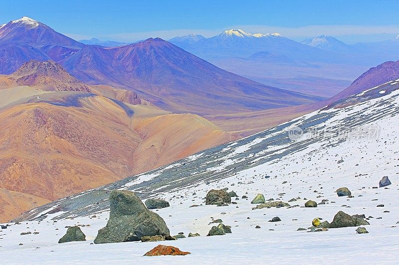 拉斯卡火山口和火山上的地面上的雪，田诗式的阿塔卡马沙漠高原，白雪皑皑的卢乌莱亚科在地平线上，火山景观全景-圣佩德罗阿塔卡马，智利，Bolívia和阿根廷边境
