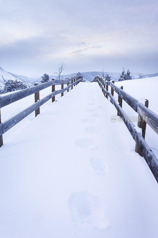 雪地上有脚印的木板路