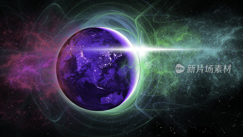 行星地球与旋转星云和透镜耀斑-科幻壁纸-幻想行星地球