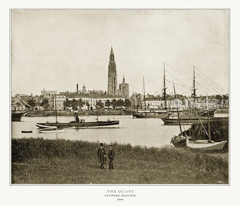 安特卫普码头，比利时，荷兰，古董比利时照片，1893