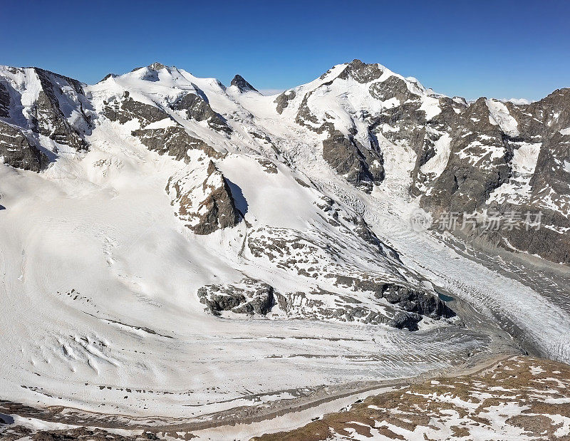 从Diavolezza山视角的Morteratsch冰川的航空全景图，在伯尼纳阿尔卑斯山脉，在格劳宾登，瑞士。