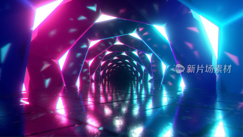 穿过霓虹闪烁的旋转六边形走廊。蓝、红、粉、紫光谱，隧道中的荧光紫外光，现代彩色照明，3d插图