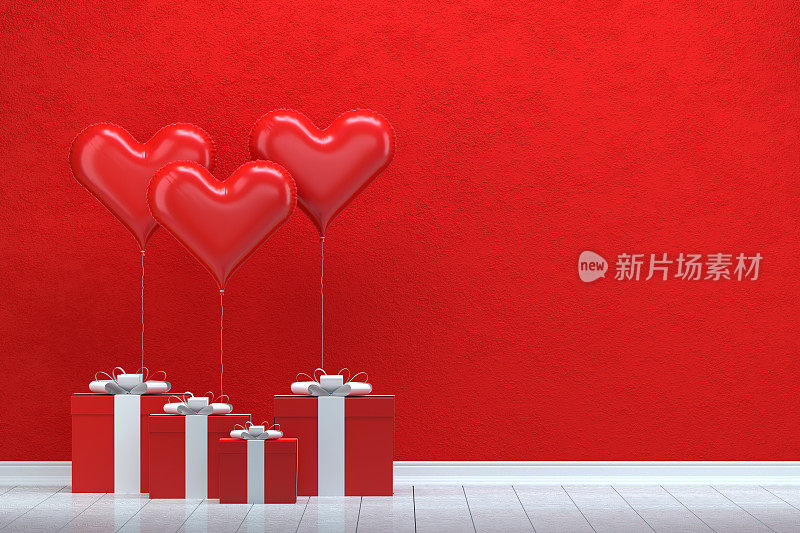 闪亮的心形气球和空墙礼盒。情人节的概念。