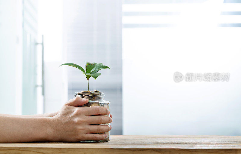 女人手里拿着一个装有硬币和植物的罐子