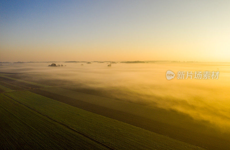 鸟瞰图的田野在日出时，普雷克穆里耶地区，斯洛文尼亚