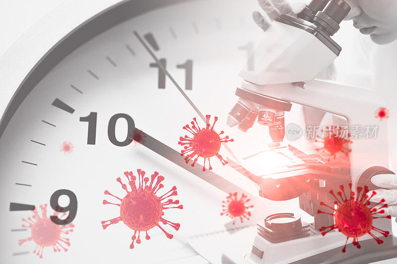 科学家观察冠状病毒(Covid-19)疫苗研究概念的显微镜覆盖时间时钟和病毒。