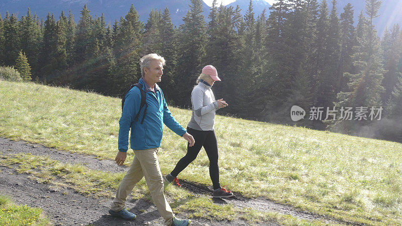 成熟的夫妇沿着乡村的山径徒步旅行