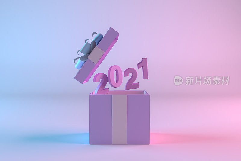 打开礼物盒与2021年新年