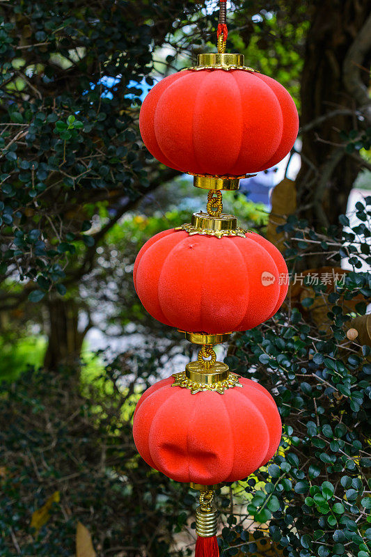 阴天，三亚街头五彩缤纷的春节传统灯笼。