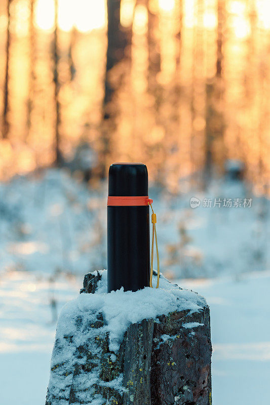 冬天森林里的松树树桩上放着热水瓶。冬季徒步和休闲的概念。