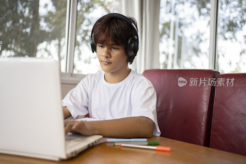 十几岁的男孩在家学习和远程学习。