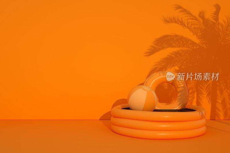 暑假旅游概念，充气游泳池，橙色背景