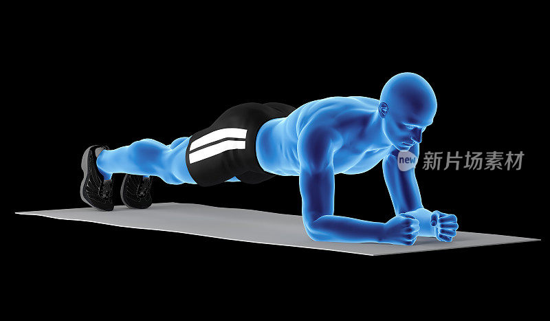 一个健康的男人，做前臂平板运动的3D插图