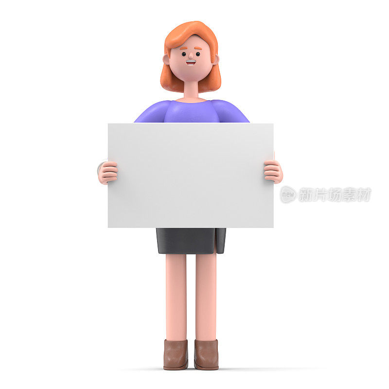 一个微笑的女商人艾伦手持白板的3D插图。卡通人物的肖像手持条幅，广告牌，白色背景的3D渲染。