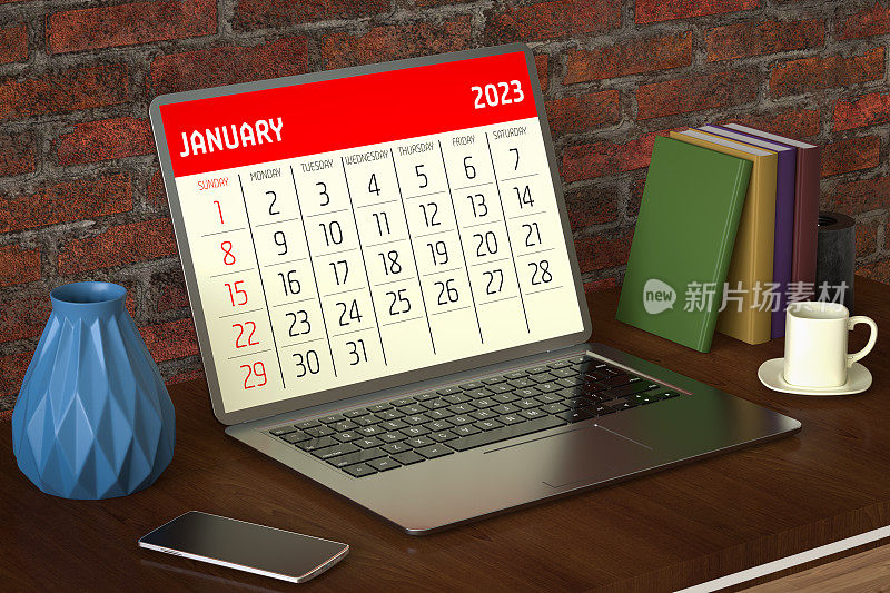 2023年一月日历计划日程笔记本电脑办公桌。3d渲染