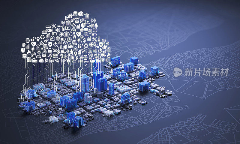 充满未来感的智能城市中心，图标和应用程序的云，并连接建筑