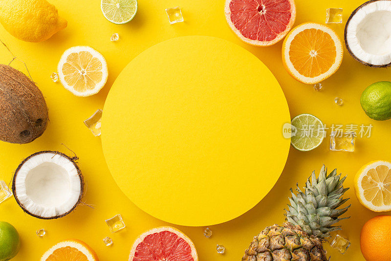 创造一个时尚的氛围，这款时尚的俯视图平面放置柑橘类水果的照片，包括橙色，柠檬，酸橙，葡萄柚在黄色背景上，空白的文字圆圈