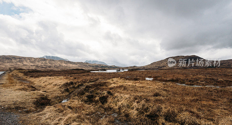 英国苏格兰格伦科高地山谷上的西高地大道全景。
