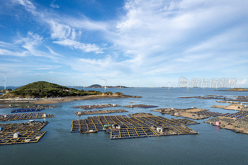 海上水产养殖场的漂浮渔筏和小岛鸟瞰图