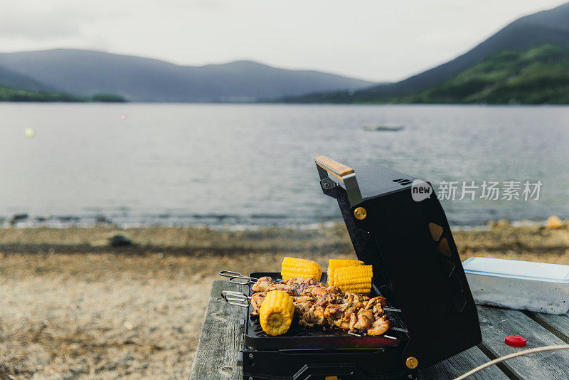 在夏季与风景秀丽的湖景户外烧烤