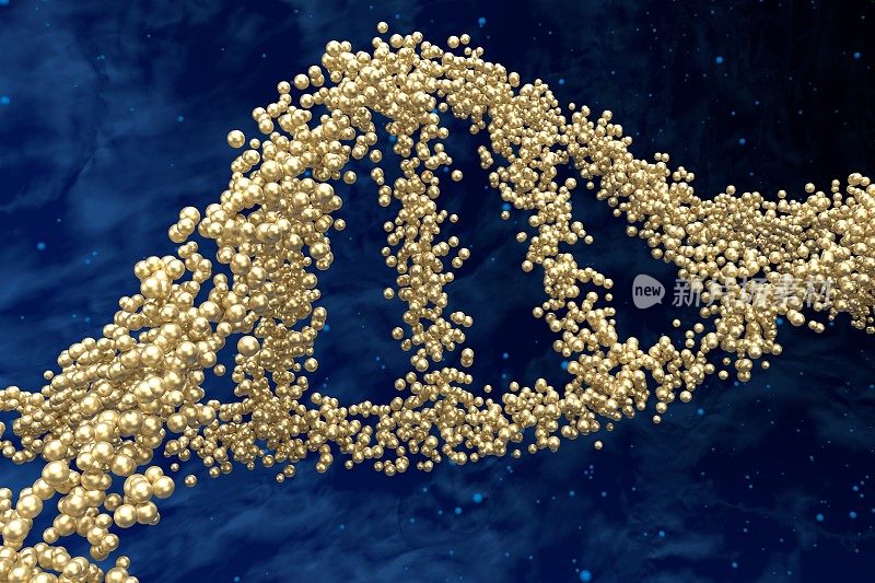 DNA分子(人类基因组)双螺旋链中的金核苷酸与星云背景-特写视图3d插图
