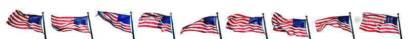 一组闪亮的美国国旗插在白底旗杆上