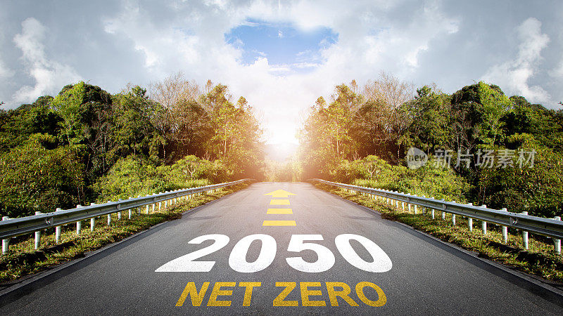 到2050年净零排放。文字净零2050与箭头符号写在道路中间的沥青道路与日落。温室气体净零排放目标。气候中立的长期战略。