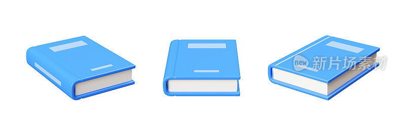 关闭纸质书与蓝色光泽的硬皮躺在不同的角度。三维渲染