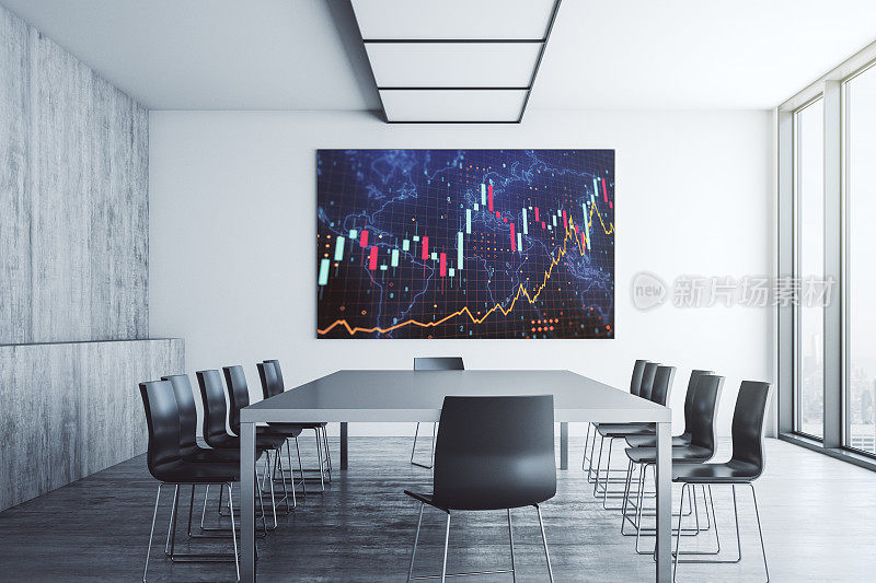 抽象创意金融图形与世界地图展示屏幕在现代会议室，外汇和投资概念。三维渲染