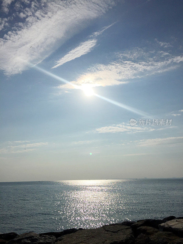 阳光反射在海和天空的背景