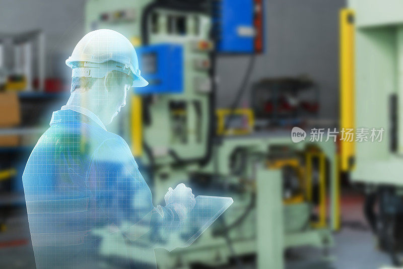 智能工厂，工业4.0制造，虚拟AR增强现实工程师与机器在工厂生产线工作，元宇宙未来工业工程
