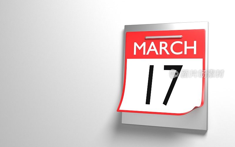 3月17日桌面日历页的圣帕特里克的日子反对白色背景