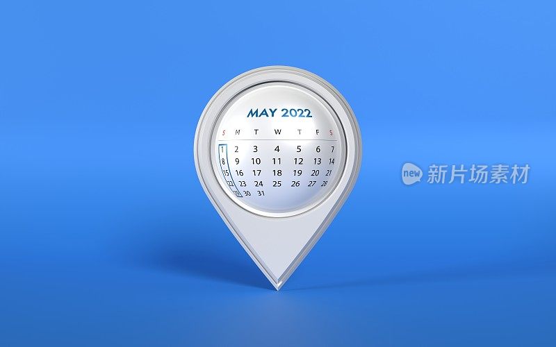 2022年5月日历页在蓝色背景的白色地图指针