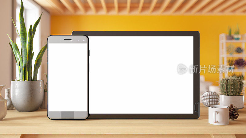 模拟空屏幕智能手机和数字平板电脑与舒适的客厅室内