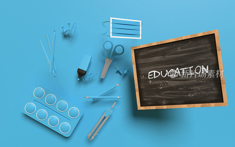 用蓝色背景黑板上的蓝色学校设备，回归学校教育理念