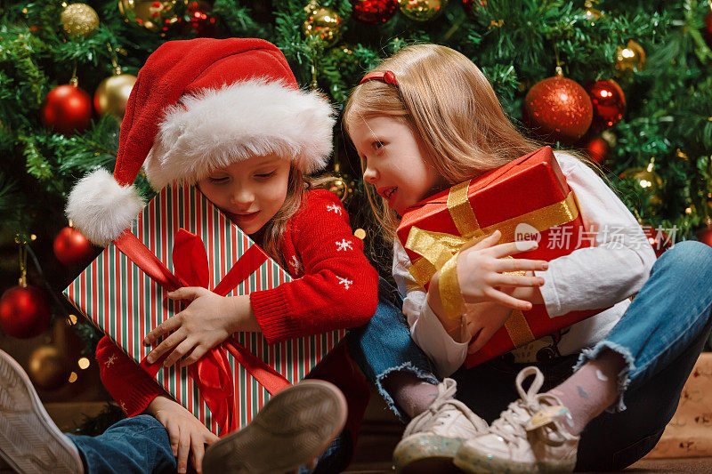 孩子们在圣诞树下找到了圣诞老人送给他们的珍贵礼物