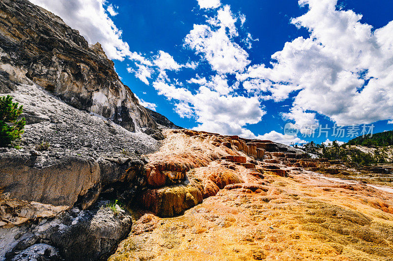 间歇泉和温泉在自然风光秀丽的山脉和自然景观