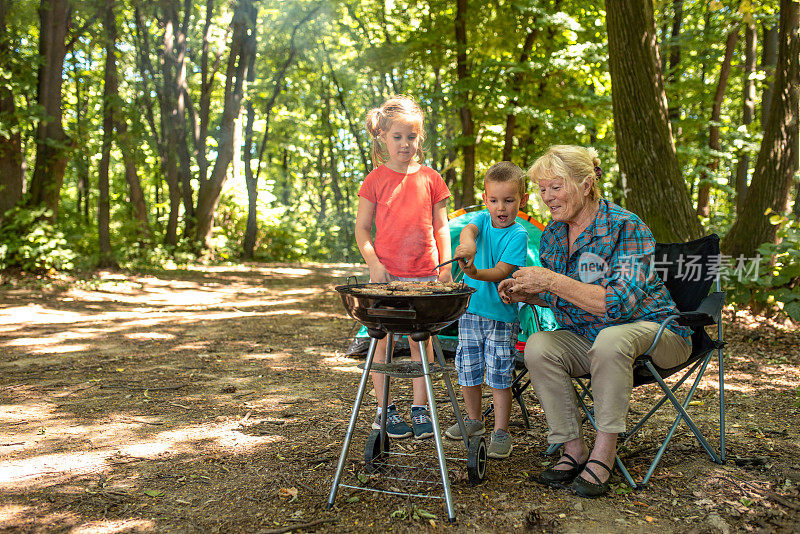 孙辈和祖母在大自然中烧烤