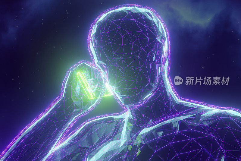 3D渲染的Metaverse化身在电话上用低聚发光的紫色线条网络说话