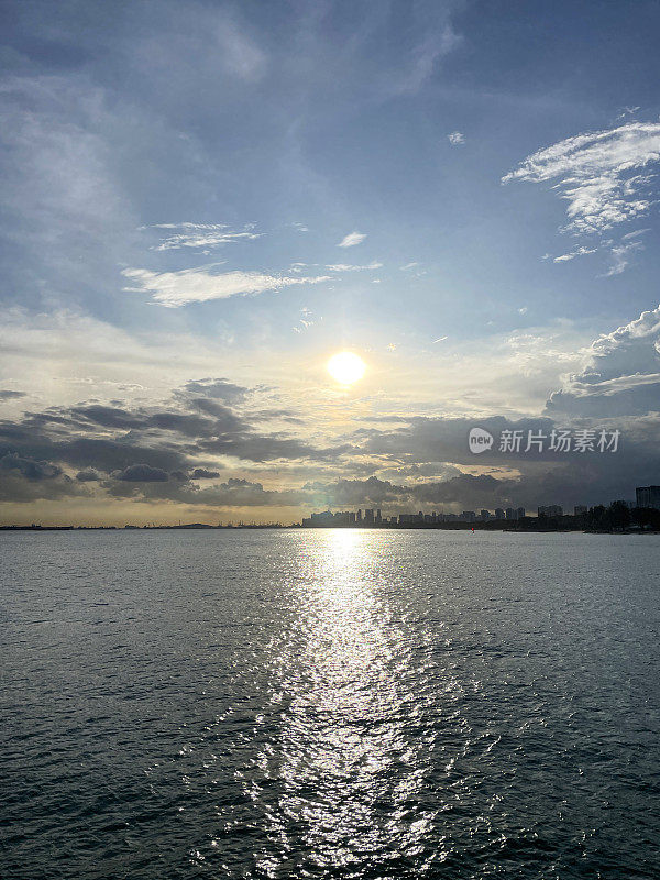 日落天空在海上的特写图像，波纹的水面，太阳反射的水，自然背景，壁纸，重点在前景，复制空间